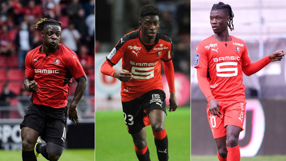 Drei mit außergewöhnlichem Talent: Jeremy Doku, Ousmane Dembelé und Eduardo Camavinga im Trikot von Stade Rennes.