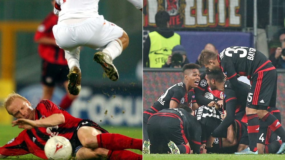 Unvergessene Abende: Francesco Totti springt 2004 auf Carsten Ramelow, die Leverkusener Mannschaft 2015 auf Admir Mehmedi.