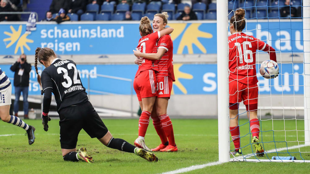 Die Frauen des FC Bayern durften in Duisburg gleich siebenmal jubeln.