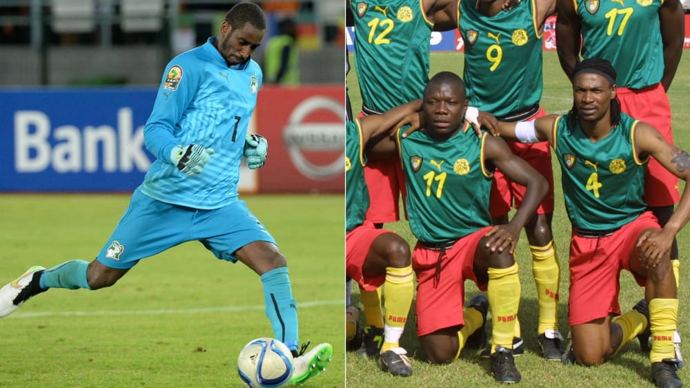 Schrieben Turniergeschichte: Elfenbeinküste-Keeper Barry (li.) und Kameruns Trikots 2002.