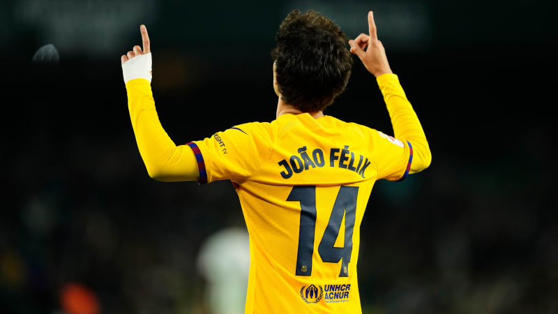 Joao Felix second striker of Barcelona and Portugal celebrates after scoring his sides first goal during the LaLiga EA Sports match between Real Betis and FC Barcelona at Estadio Benito Villamarin on January 21, 2024 in Seville, Spain.  (Photo by Jose Breton/Pics Action/NurPhoto via Getty Images)