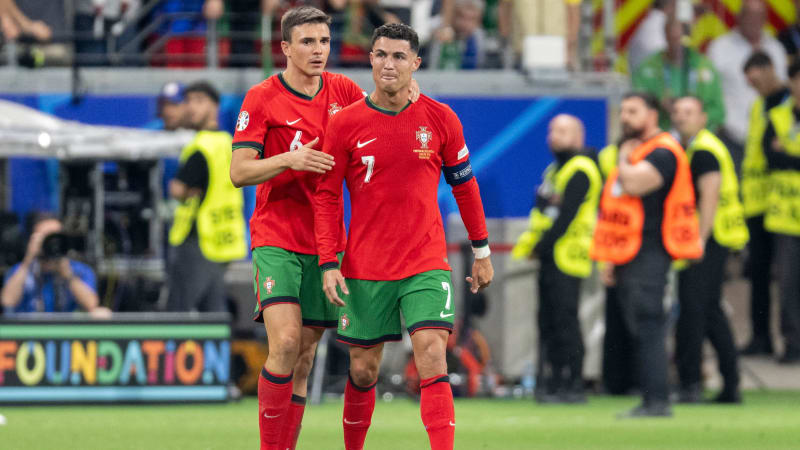 Crying Cristiano Ronaldo of Portugal with Joao Palhinha of Portugal during the 2024 UEFA EURO Round of 16 match between Portugal and Slovenia at Frankfurt Arena in Frankfurt am Main, Germany on July 1, 2024 (Photo by Andrew SURMA/ SIPA USA).