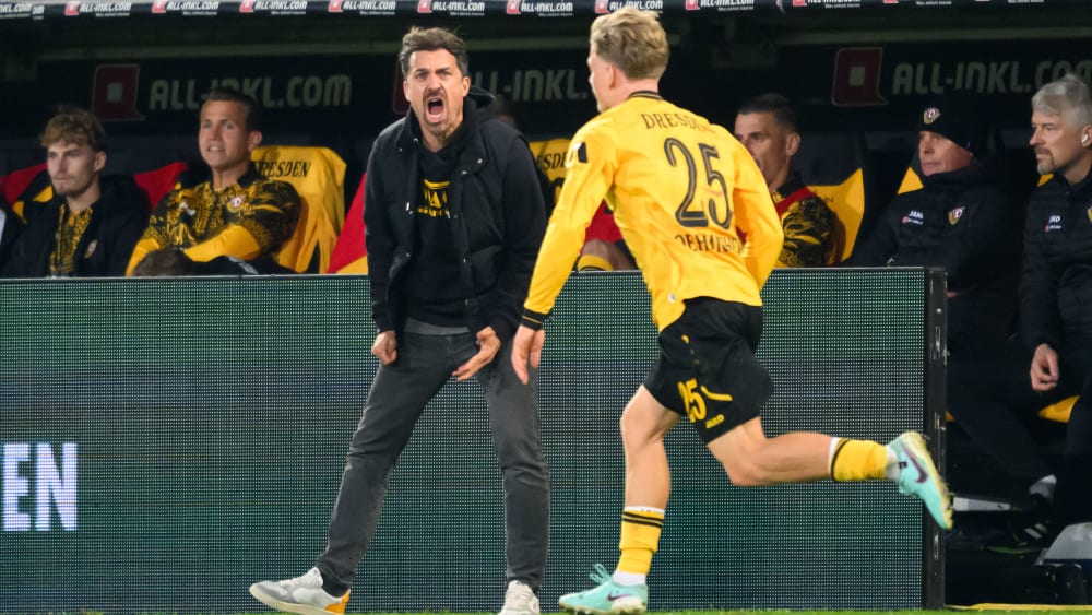 Wieder kein Sieg: Dresdens Coach Thomas Stamm feuert Jonas Oehmichen an.