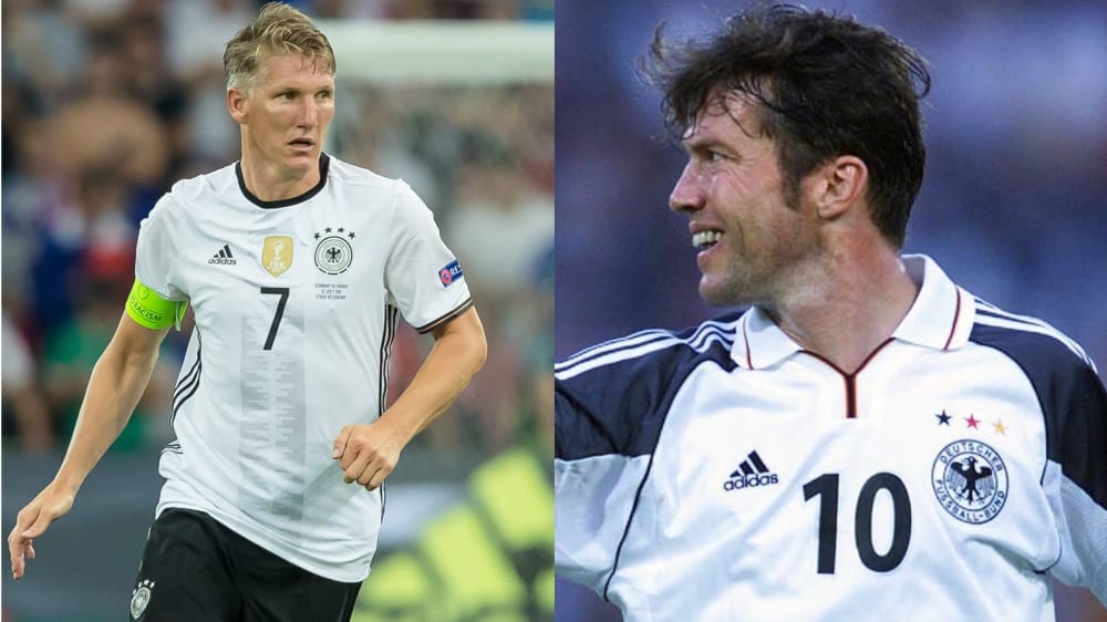 Bastian Schweinsteiger (li.) und Lothar Matthäus sind im Kreis der deutschen Nationalmannschaft die beiden Rekord-Teilnehmer in EM-Endrunden.