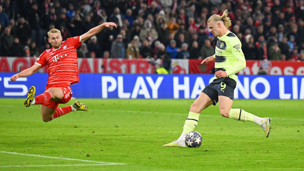 Die Entscheidung in Hin- und Rückspiel: Erling Haaland trifft für City zum 1:0 in München.