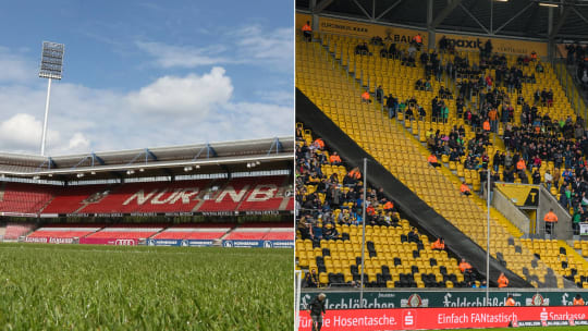 Während in Nürnberg die 50.000 Plätze im Max-Morlock-Stadion leer bleiben müssen, dürfen im Dresdner Rudolf-Harbig-Stadion immerhin 10.000 Zuschauer die Partie gegen den HSV mitverfolgen.