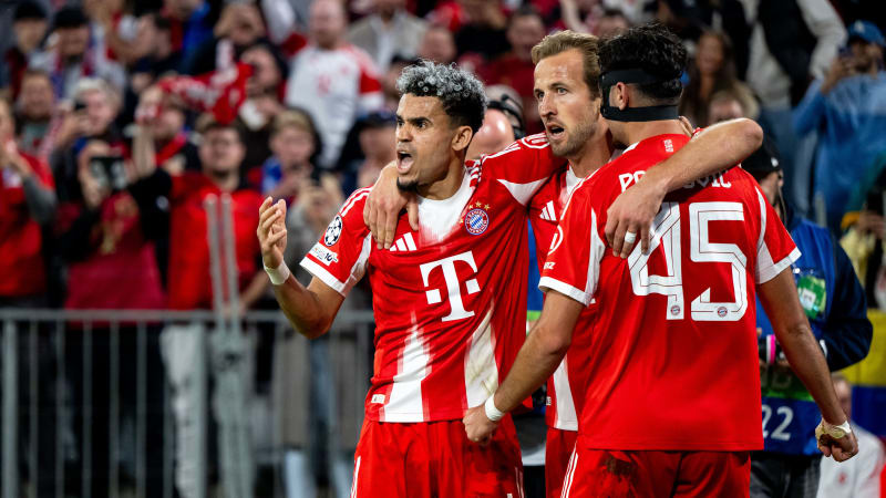Luis Diaz (FC Bayern Munich, #14), Harry Kane (FC Bayern Munich, #09), Aleksandar Pavlovic (FC Bayern Munich, #45) celebrate the goal to make it 3-1, GER, FC Bayern Munich vs. FC Chelsea FC, Football, UEFA Champions League, League Phase, Matchday 1, Season 2025/2026, September 17, 2025. Photo: Eibner-Pressefoto/Michael Memmler