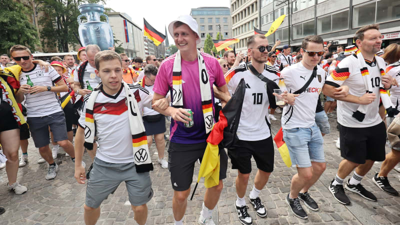DORTMUND, GERMANY - JUNE 29: Fans of Germany celebrate in the town centre prior to the Round of 16 match between Germany and Denmark on June 29, 2024 in Dortmund, Germany. (Photo by Christof Koepsel - UEFA/UEFA via Getty Images)