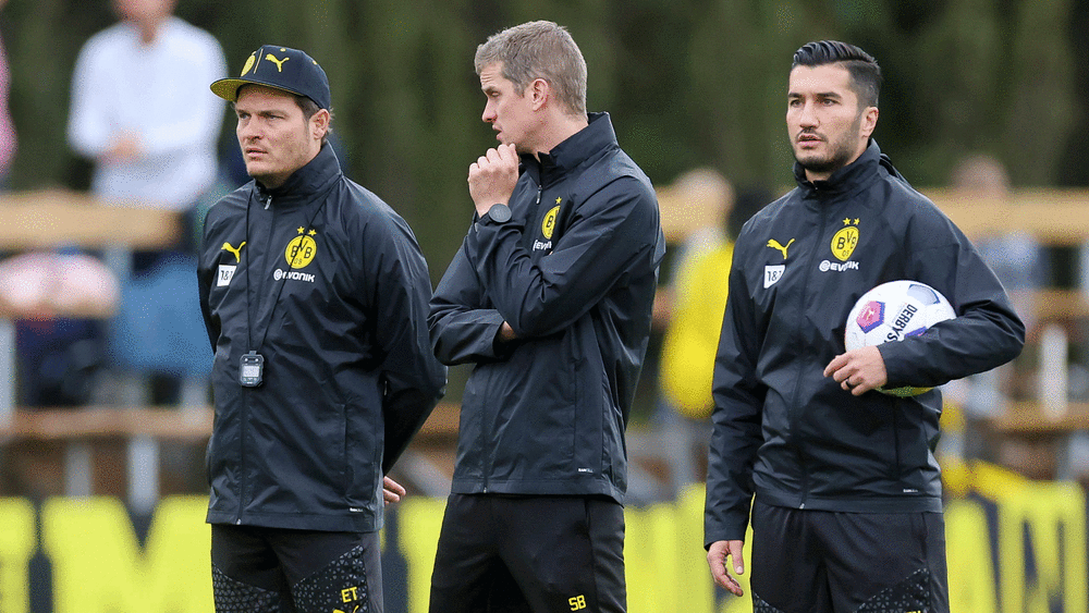 Neues BVB-Führungstrio: Cheftrainer Edin Terzic (li.) mit seinen Assistenten Sven Bender (Mitte) und Nuri Sahin.