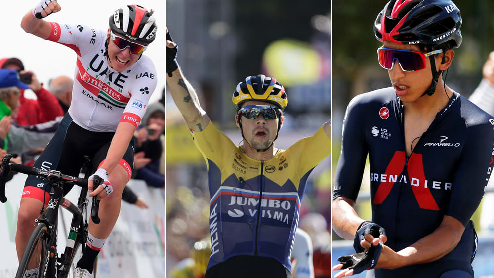 Drei der Favoriten auf den Sieg bei der Tour de France: Die beiden Slowenen Tadej Pogacar und Primoz Roglic sowie der Titelverteidiger Egan Bernal.