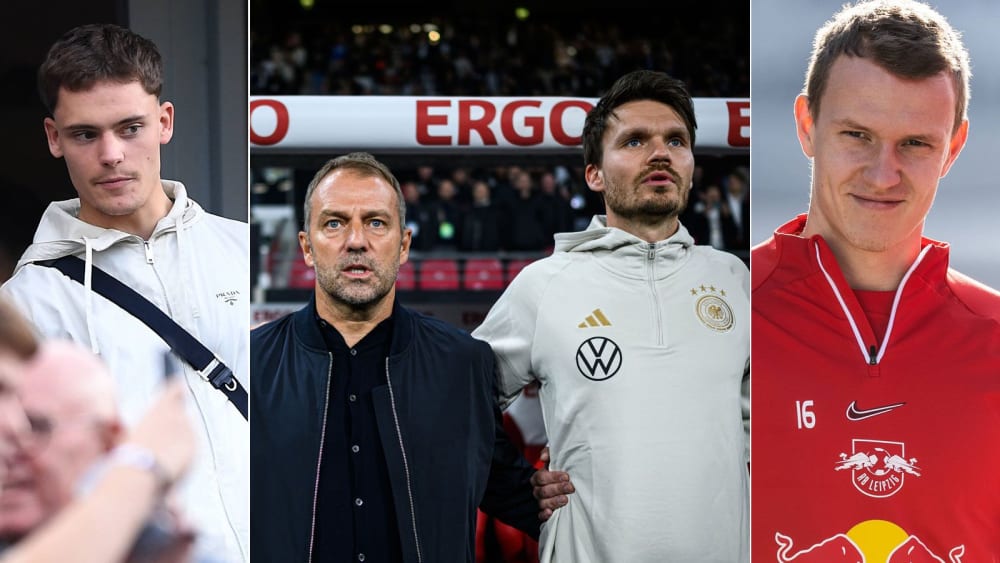 Wen nehmen Hansi Flick und Danny Röhl (Mi.) mit zur WM? Auch Florian Wirtz (li.) und Lukas Klostermann (re.) dürfen hoffen.