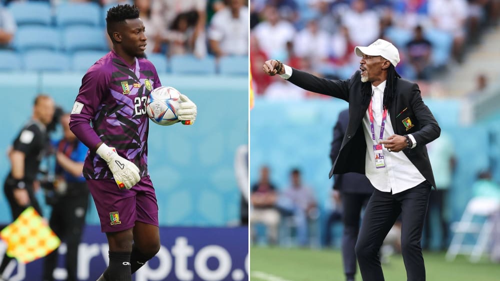 Differenzen: Kameruns Keeper André Onana (li.) und Nationaltrainer Rigobert Song.