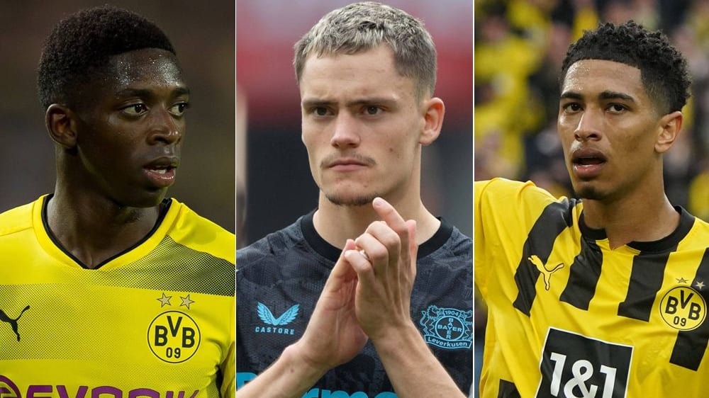 Ousmane Dembelé, Florian Wirtz und Jude Bellingham (v. l.)
