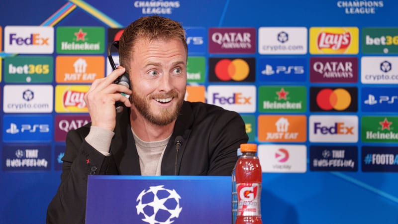 Bayer 04 Leverkusen goalkeeper Mark Flekken reacts during a press conference in Parken Stadium in Copenhagen on Wednesday, September 17, 2025. Bayer 04 Leverkusen will face FC Copenhagen in UEFA Champions League on Thursday, September 18, 2025.