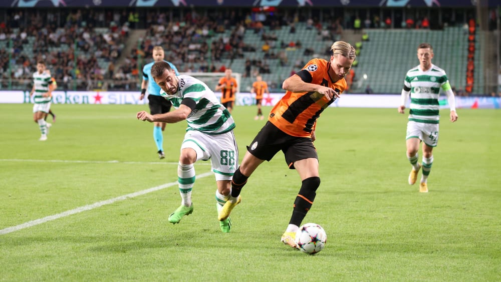Schachtar Donezks Mykhaylo Mudryk (am Ball) stand gegen Celtic Glasgow im Mittelpunkt.