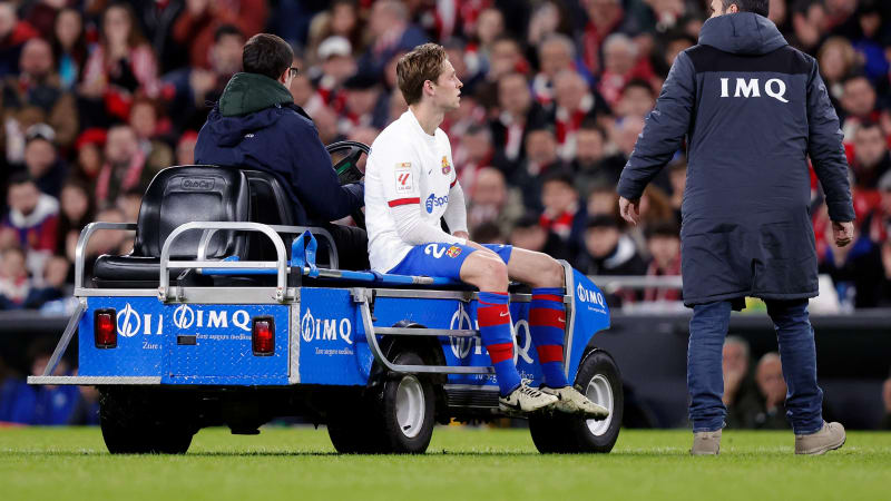 BILBAO, SPAIN - MARCH 3: Frenkie de Jong of FC Barcelona injury  during the LaLiga EA Sports  match between Athletic de Bilbao v FC Barcelona at the San Mames Stadium on March 3, 2024 in Bilbao Spain (Photo by David S. Bustamante/Soccrates/Getty Images)