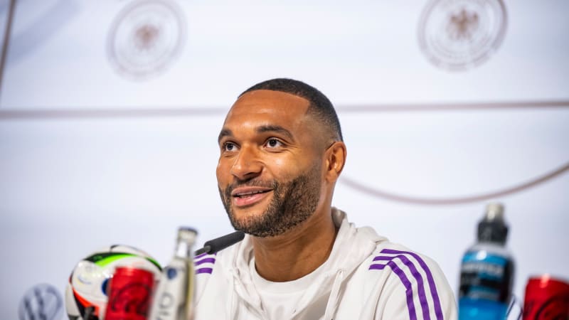 BLANKENHAIN, GERMANY - MAY 30: Jonathan Tah of Germany talks to the media during a press conference at DFB Media Center Blankenhainer Schloss on day four of the training camp on May 30, 2024 in Blankenhain, Germany.(Photo by Kevin Voigt/Getty Images)