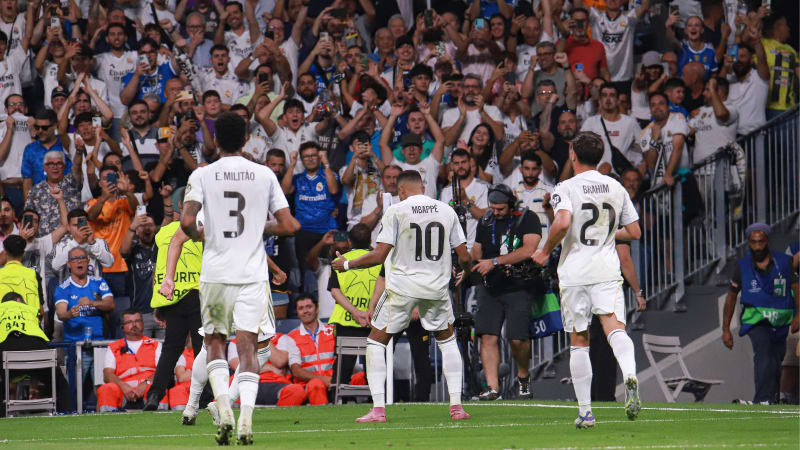 UEFA Champions League soccer match Real Madrid vs Olympique Marsella at Santiago Bernabeu Stadium in Madrid, Spain September 16, 2025 Kylian Mbappe celebrates a goal 900 Cordon Press PUBLICATIONxNOTxINxFRAxESP 900 CordonxPress LOF - UEFA Champions League Real Madrid vs Olympique Marsella