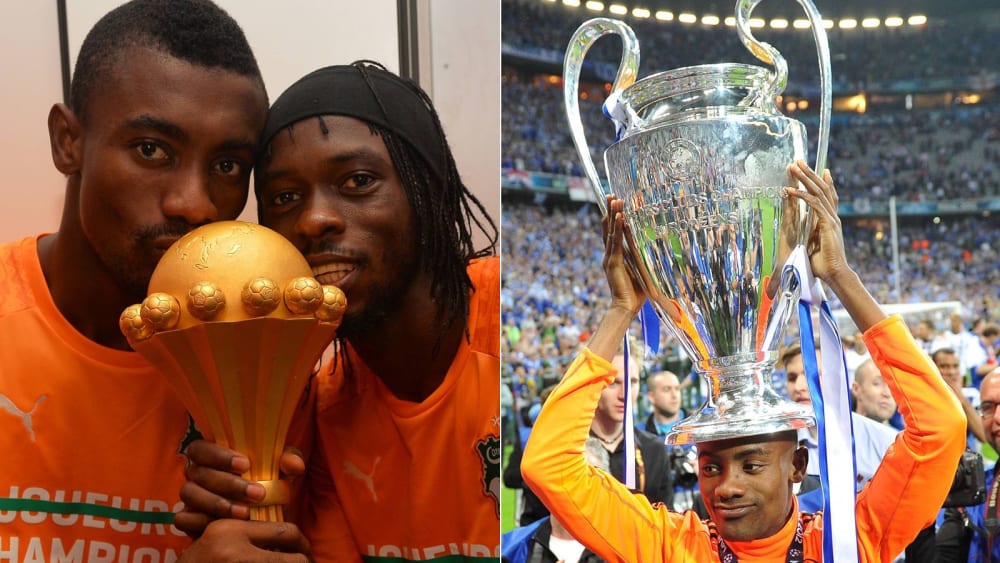 Große Titel: Salomon Kalou 2015 mit Teamkollege Gervinho und dem Afrika-Cup (li.) und 2012 mit dem Champions-League-Pokal.