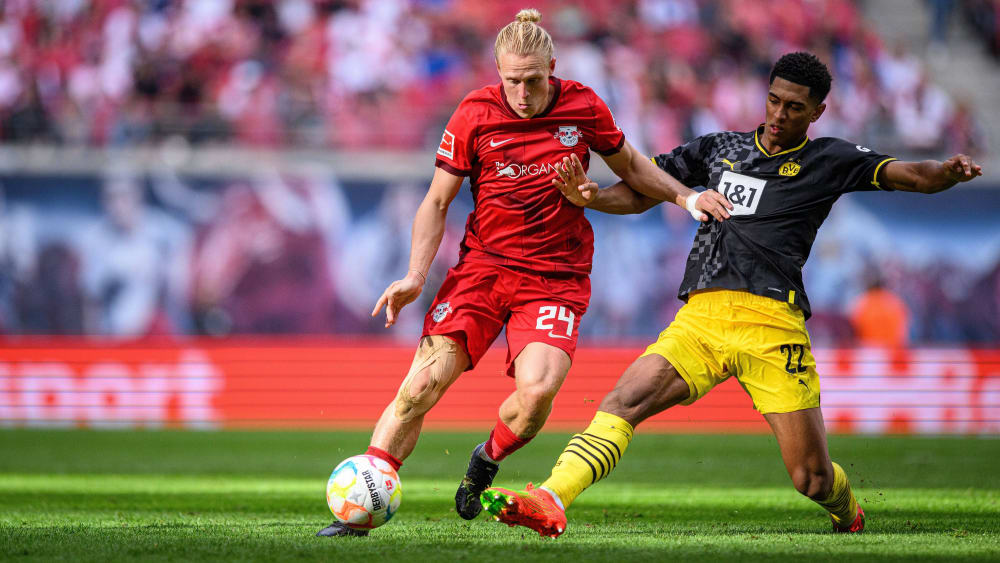 Treffen im Pokal-Viertelfinale aufeinander: Leipzig mit Xaver Schlager (li.) und Dortmund mit Jude Bellingham.