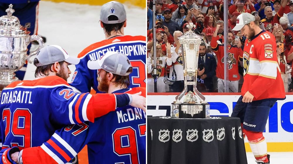 Edmonton um Leon Draisaitl (li.) und Florida um Aleksander Barkov (re.) spielen im Playoff-Finale in der NHL um den Stanley Cup.