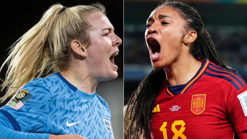 Stehen sich am Sonntag im WM-Finale gegenüber: England mit Lauren Hemp (li.) und Spanien mit Salma (re.).