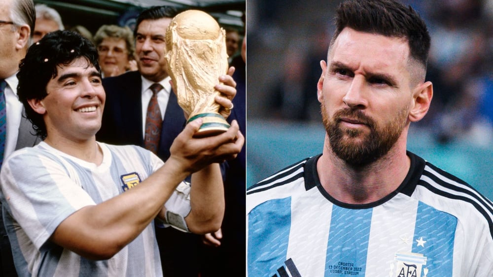 Das Objekt der Begierde: Maradona (li.) wurde 1986 Weltmeister, Messi möchte 2022 nachziehen.