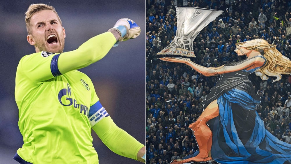 Die Trophäe der Europa League, hier als Choreographie der Atalanta-Fans. Und Ralf Fährmann, der sich in diesem Wettbewerb auszeichnen konnte.