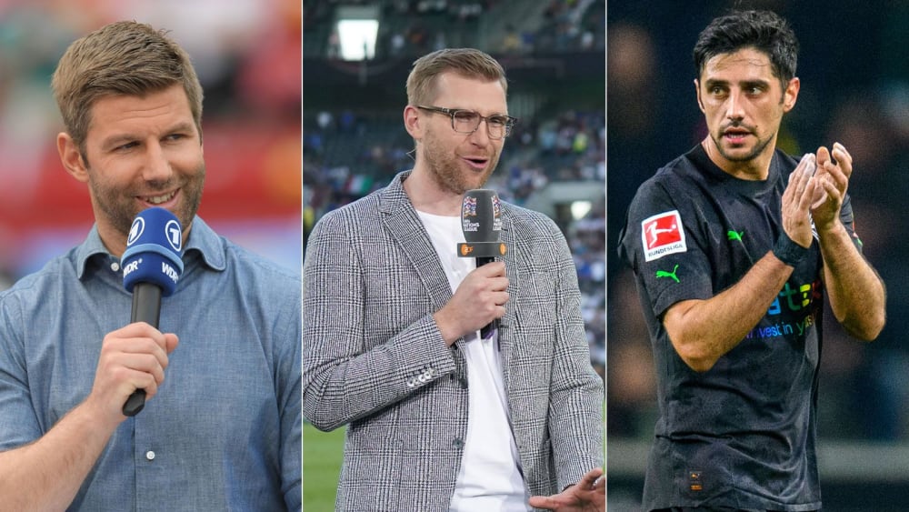 Bei der WM 2022 am Mikrofon: Thomas Hitzlsperger, Per Mertesacker und Lars Stindl (v.li.).
