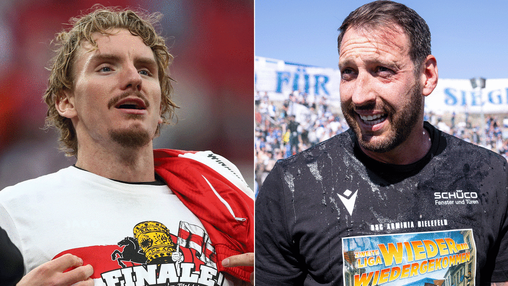 Stuttgarts Nick Woltemade (li.) und Bielefeld-Coach Mitch Kniat.