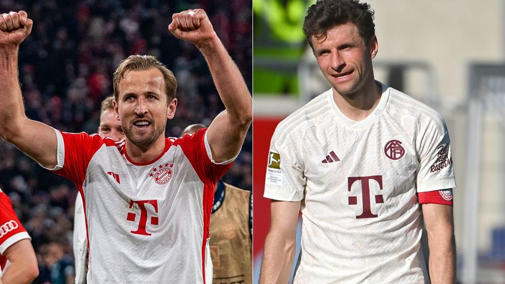 Zweimal derselbe FC Bayern: Harry Kane (li.) nach dem Triumph gegen Arsenal, Thomas Müller geknickt in Heidenheim.
