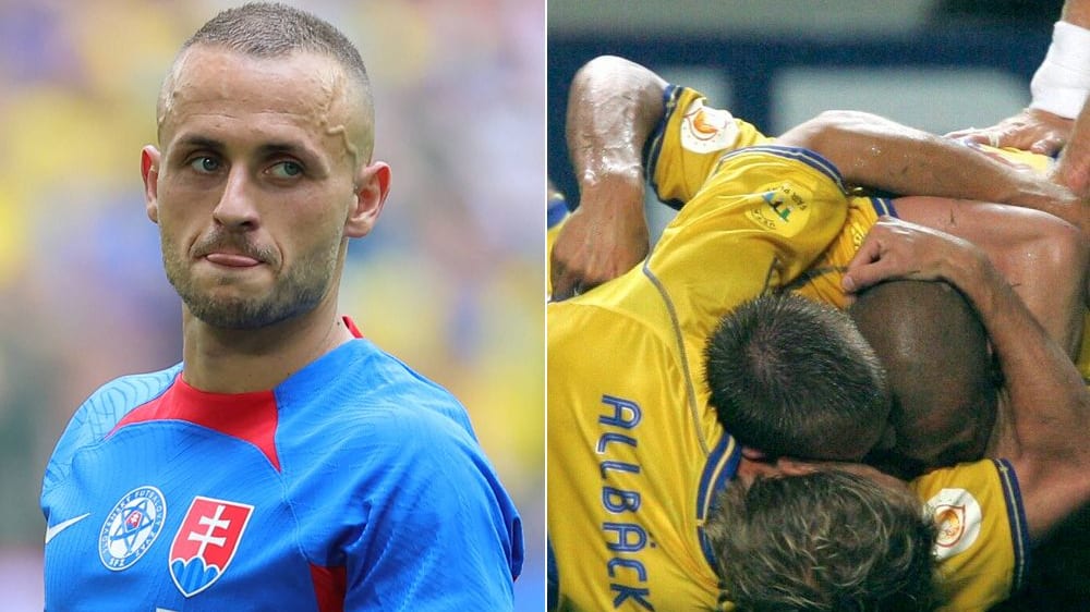 Brisante Konstellation: Stanislav Lobotka kommt ohne Taschenrechner aus, rechts jubelnde Schweden bei der EM 2004.