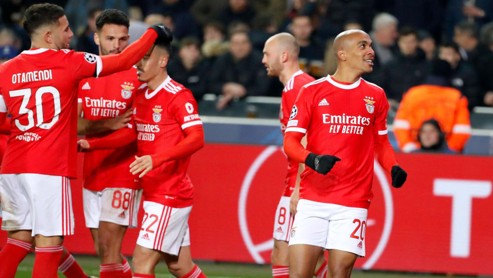 Matchwinner: Benficas Joao Mario (re.) bejubelt sein Siegtor bei Club Brügge.