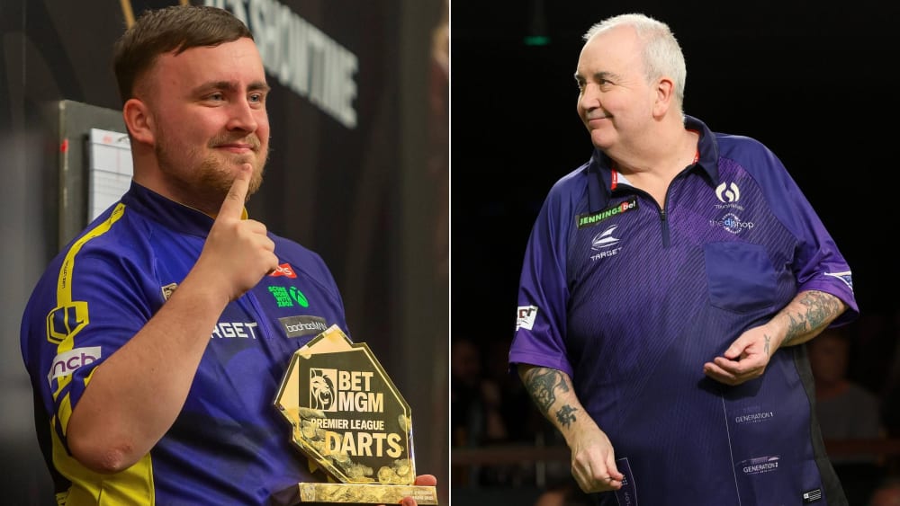 Luke Littler (li.) hat gerade ein Mini-Turnier in der Premier League gewonnen, aber Phil Taylor (re.) sieht ihn trotzdem nicht als Titelfavoriten an.