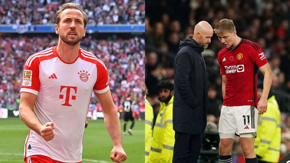 Harry Kane (li.) jubelt im Bayern-Trikot - bei Rasmus Höjlund (re., mit Trainer Erik ten Hag) kam es für ManUnited seltener vor.