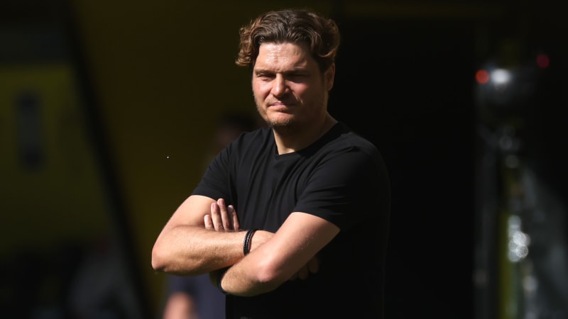 DORTMUND, GERMANY - MAY 27: Head coach Edin Terzic of Borussia Dortmund reacts during the Bundesliga match between Borussia Dortmund and 1. FSV Mainz 05 at Signal Iduna Park on May 27, 2023 in Dortmund, Germany. (Photo by Alex Grimm/Getty Images)