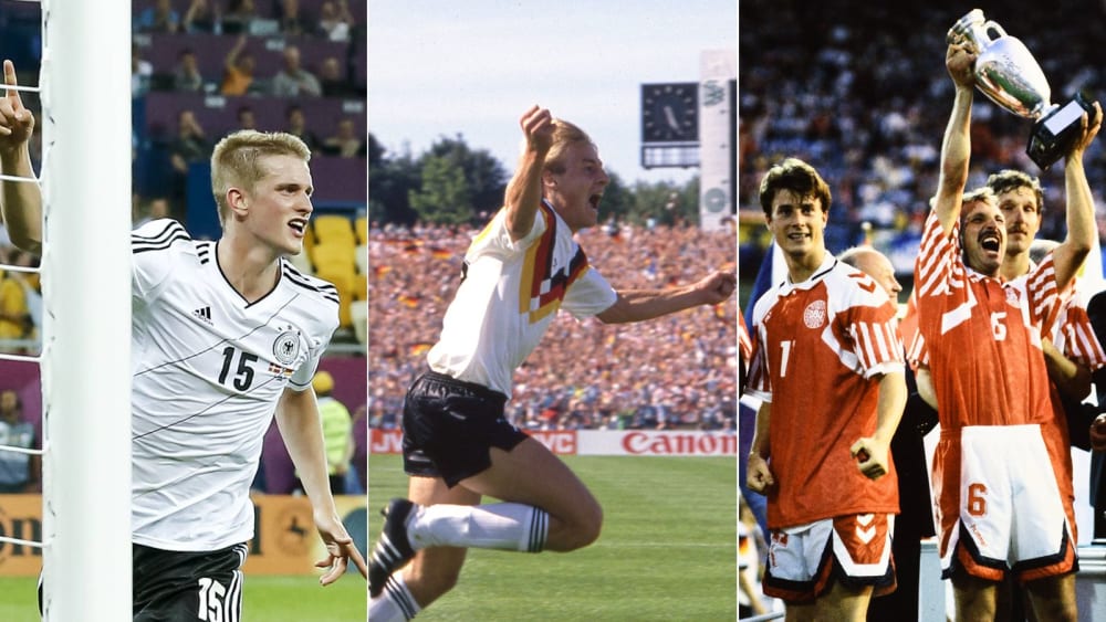 Deutschland durfte schon mehrmals gegen Dänemark jubeln - aber nie so wie die Dänen 1992 (re.).