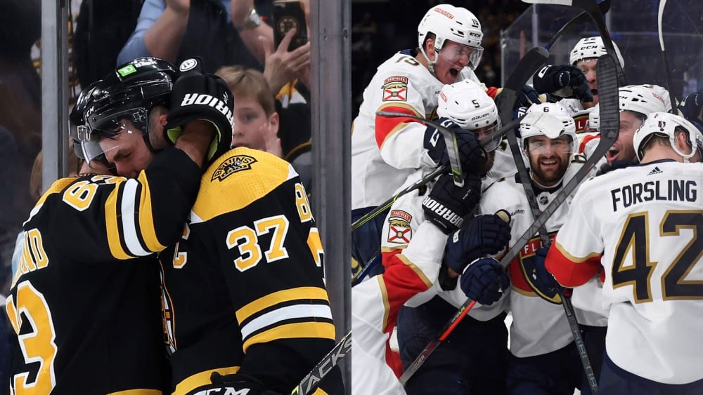 Gegensätze in Boston: Die Bruins trösten sich gegenseitig, die Panthers feiern ihren Coup.
