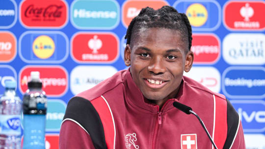 FRANKFURT AM MAIN, GERMANY - JUNE 22: Breel Embolo of Switzerland during a press conference at Frankfurt Arena on June 22, 2024 in Frankfurt am Main, Germany. (Photo by Neil Baynes - UEFA/UEFA via Getty Images)