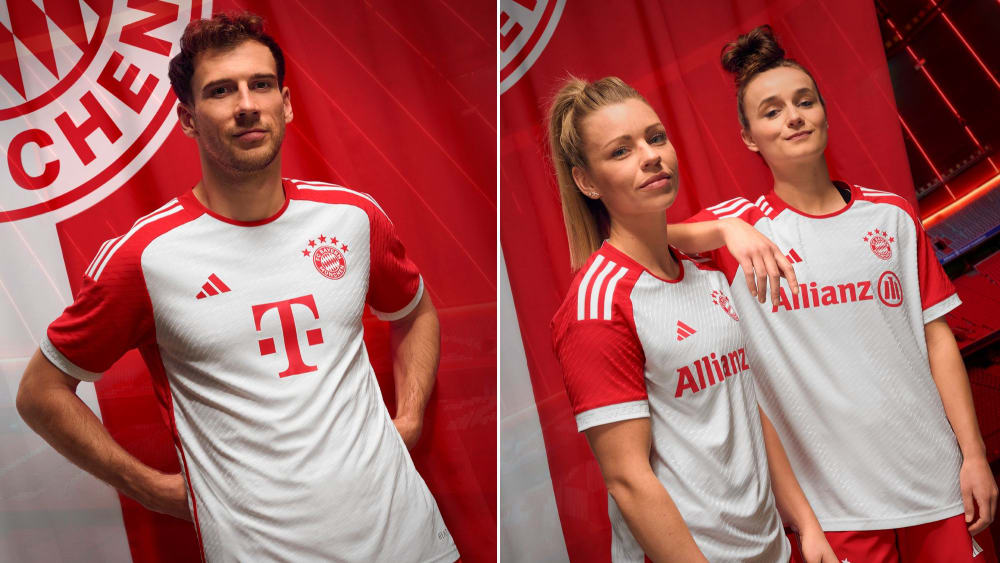 Im neuen Bayern-Heimtrikot: Leon Goretzka (li.) mit Linda Dallmann (Mitte) und Lina Magull.