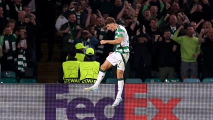 GLASGOW, SCOTLAND - SEPTEMBER 18: Arne Engels of Celtic celebrates scoring his team's third goal during the UEFA Champions League 2024/25 League Phase MD1 match between Celtic FC and SK Slovan Bratislava at Celtic Park on September 18, 2024 in Glasgow, Scotland. (Photo by Ian MacNicol/Getty Images)