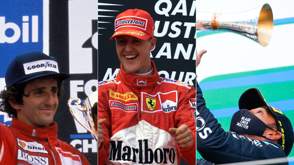 Alain Prost (li.), Michael Schumacher, Lewis Hamilton (re.)