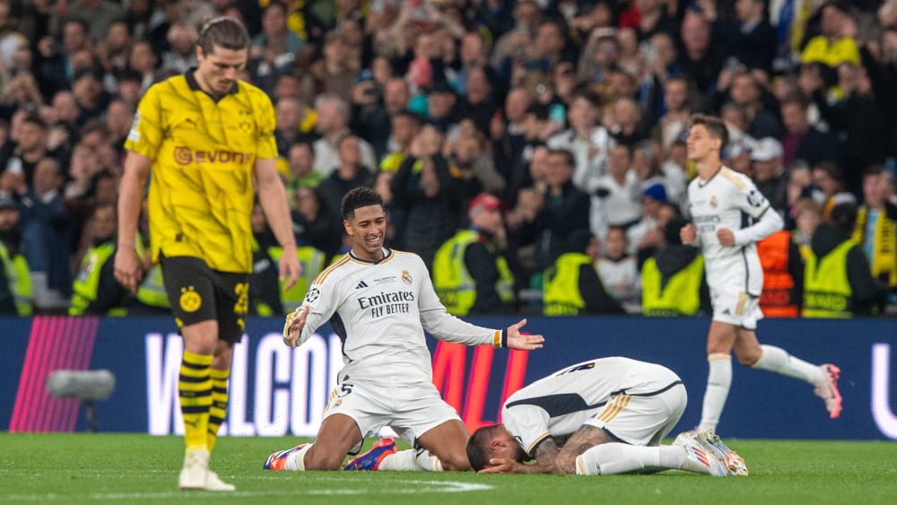 Die einen jubeln, die anderen trauern: Marcel Sabitzer, Jude Bellingham i Joselu nach dem Champions-League-Finale 2024 (v. li. n. d.).