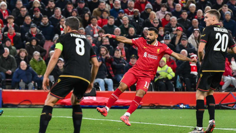October 2, 2024, Liverpool, Merseyside, United Kingdom: Mohamed Salah of Liverpool scores to make it 2-2 during the UEFA Champions League - League Stage match Liverpool vs Bologna at Anfield, Liverpool, United Kingdom, 2nd October 2024. (Credit Image: Â© Craig Thomas/News Images via ZUMA Press Wire