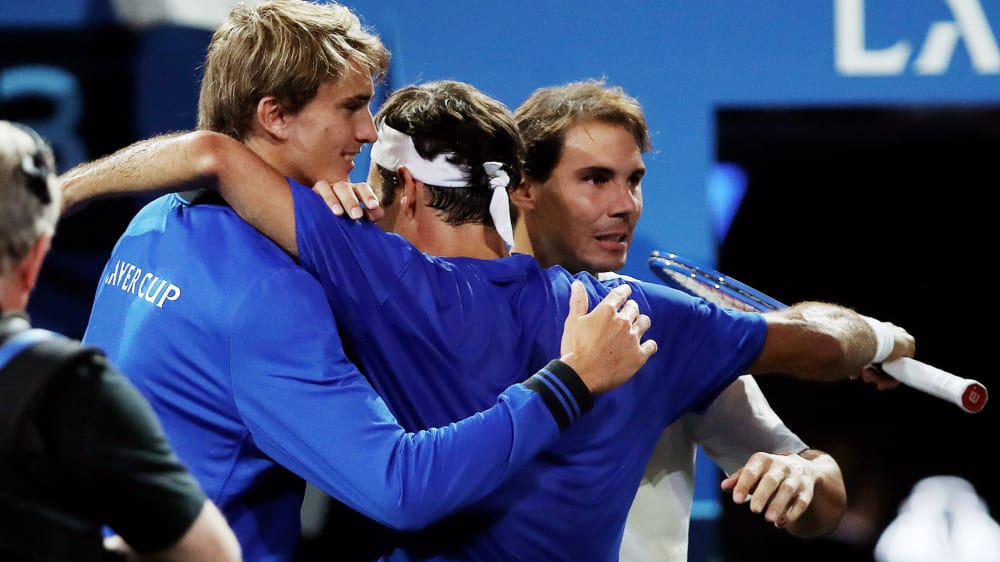 Die drei Einzelspieler Europas am Samstag: Alexander Zverev, Roger Federer und Rafael Nadal