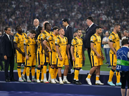 Inter Milan around coach Simone Inzaghi (left)