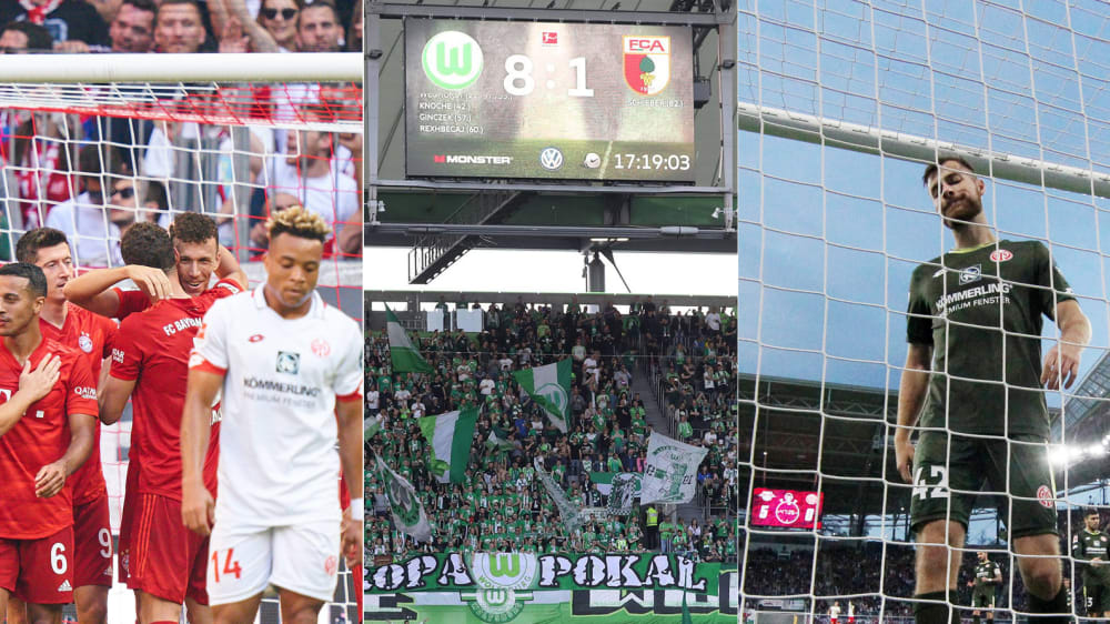 Bayern jubelt, Wolfsburger Anzeigetafel, Alexander Hack holt Ball aus dem Tornetz
