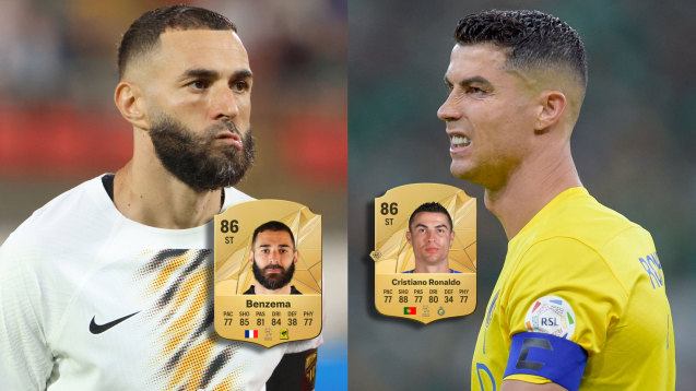 In FC 24 war Karim Benzema (l.) noch der bestbewertete Spieler der Saudi Professional League. Cristiano Ronaldo (r.) wurde in der vergangenen Saison Torschützenkönig - wie ordnen sich sich im Ranking der Overall-Ratings für FC 25 ein?