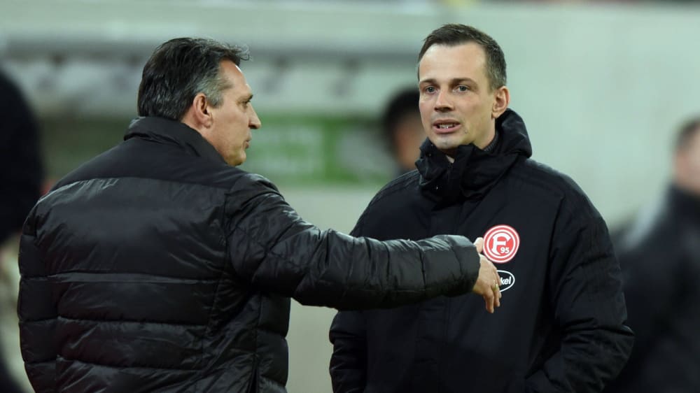 Die beiden Trainer: Sandhausens Alois Schwartz (li.) und F95-Coach Christian Preußer vor dem Spiel.