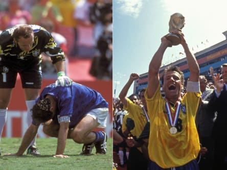 Brasilliens Kapit&#228;n Carlos Dunga reckt den WM-Pokal in die H&#246;he, Italiens Roberto Baggio muss nach seinem Elfmeterfehlschuss getr&#246;stet werden.